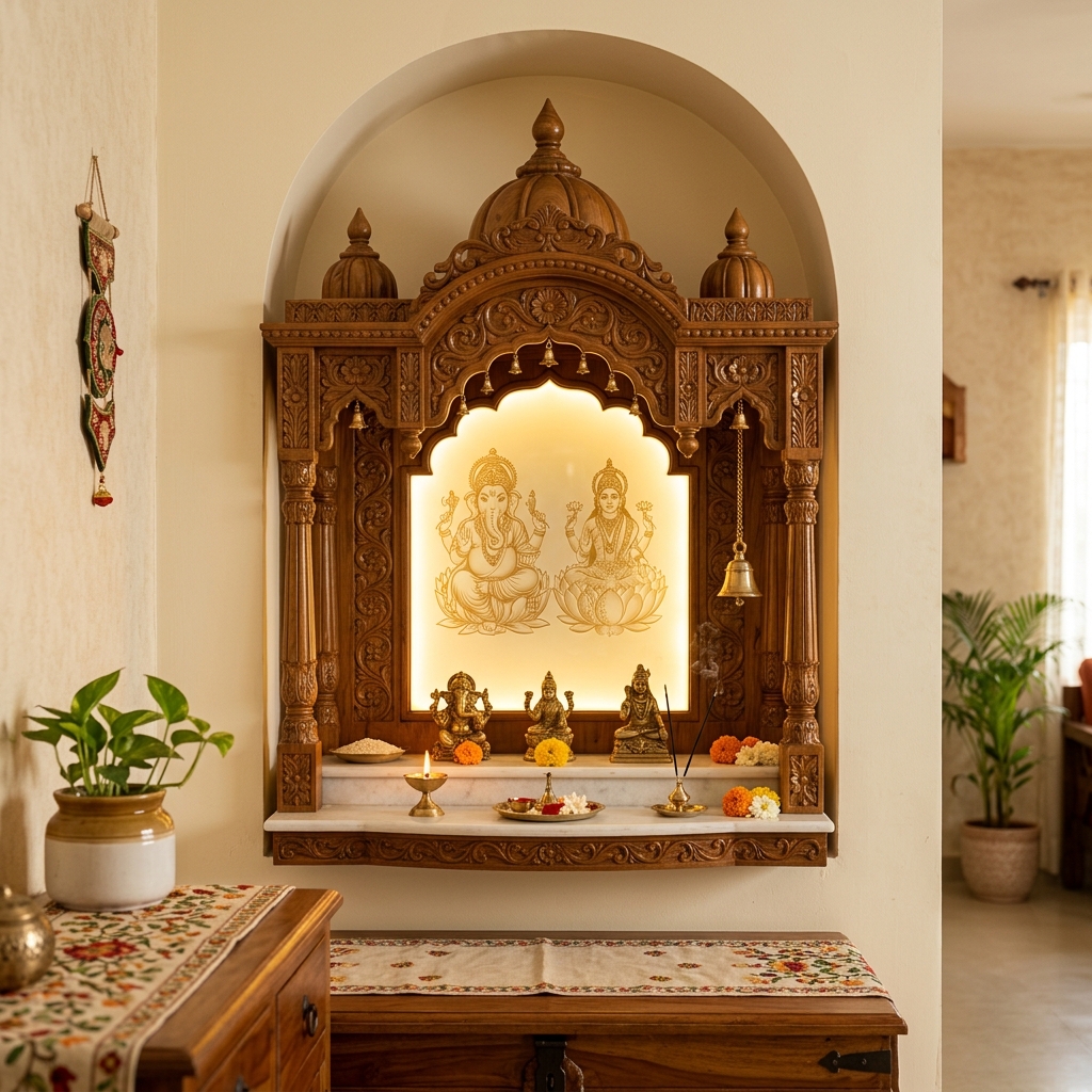 Wooden pooja mandir with carved details