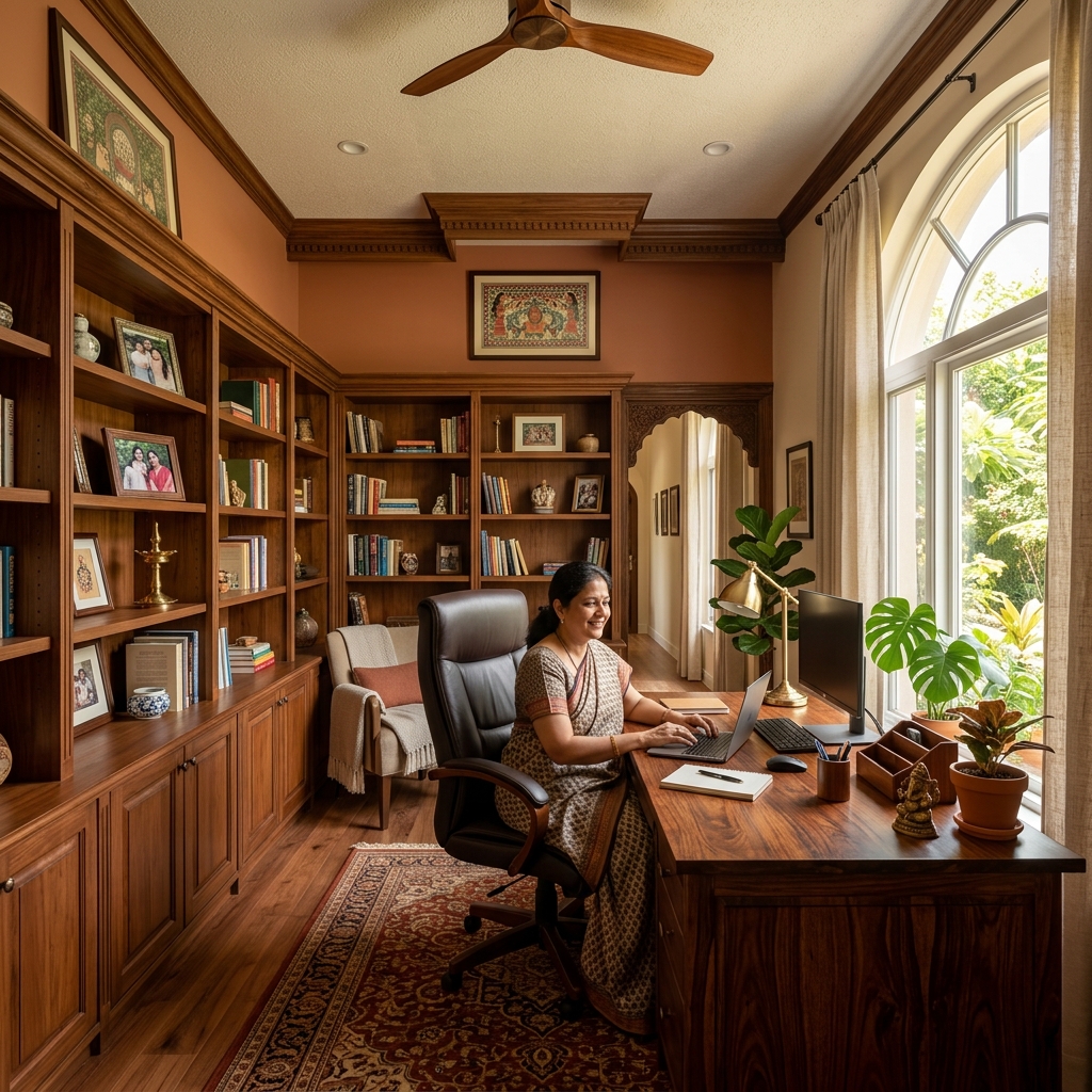 Home office with custom desk and shelving