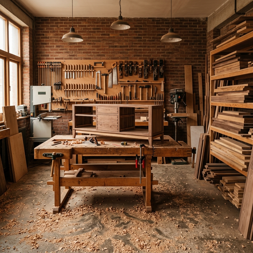 Inside our carpentry workshop — tools, workbench, and handcrafted furniture